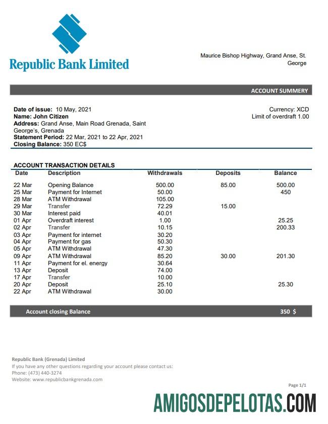 Exemplo de extrato bancário da República de Granada